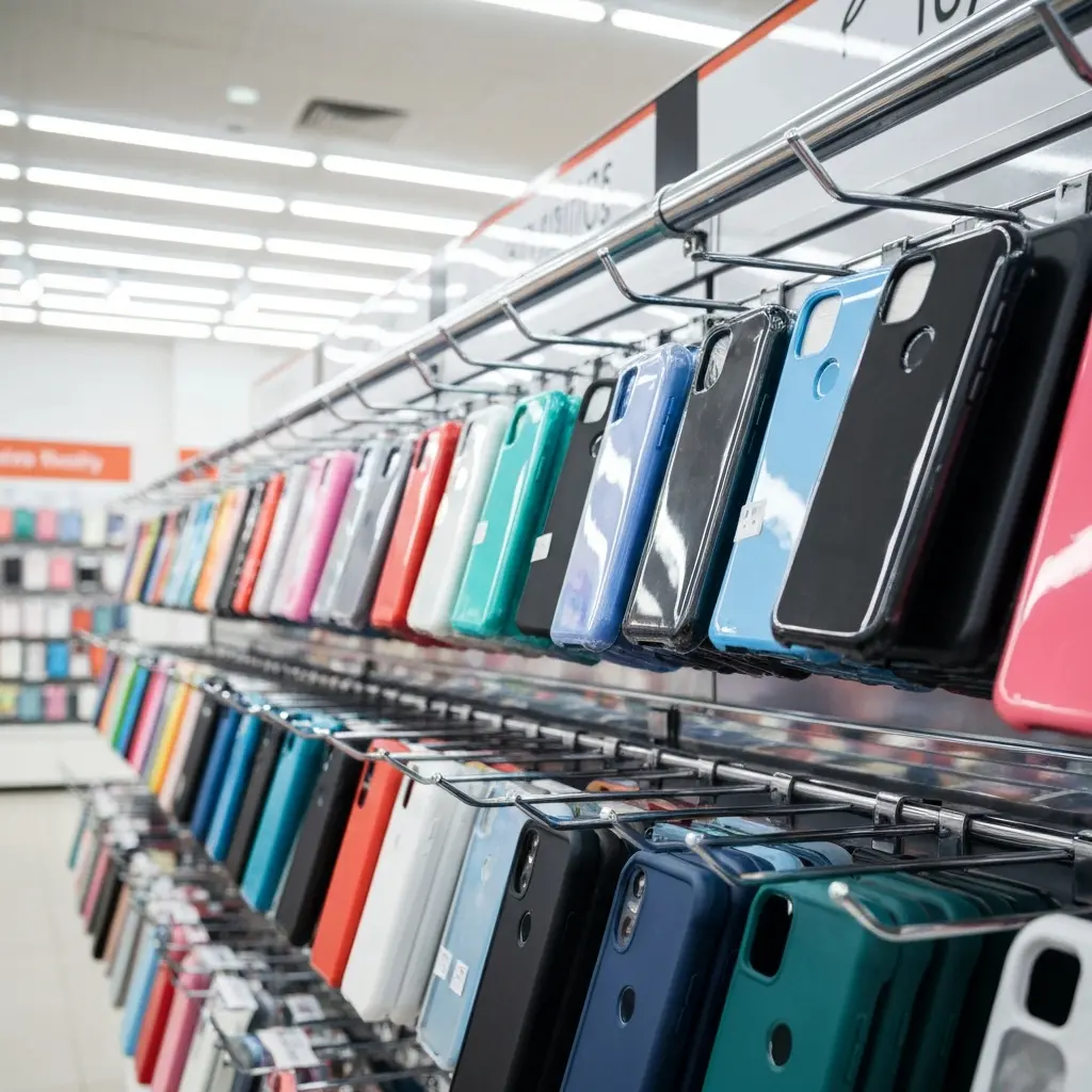 Pilnas pigių telefono dėklų asortimentas parduotuvėje ant lentynų