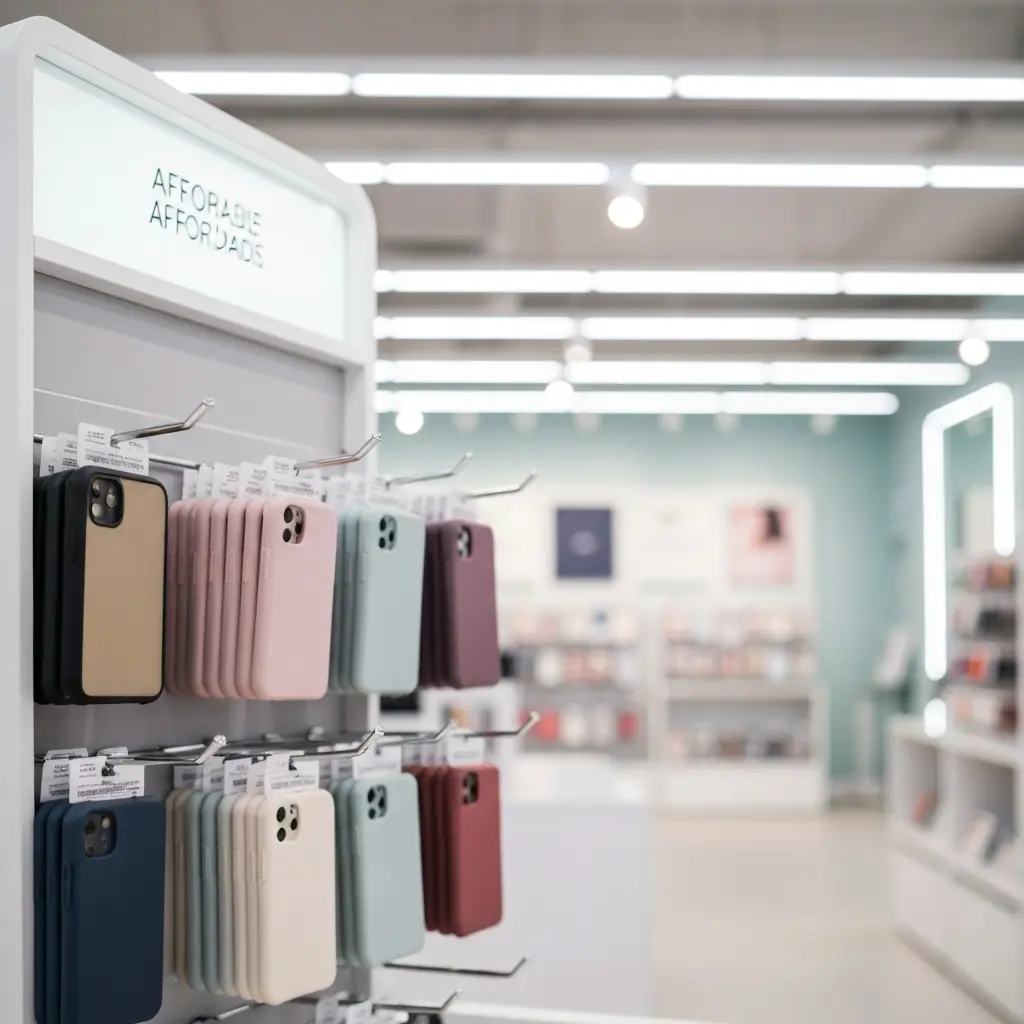 Pigūs telefono dėklai kabantys ant stilingo stendo parduotuvėje