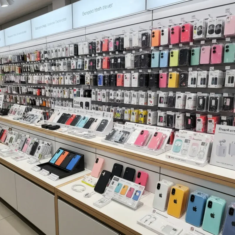 Telefono aksesuarų parduotuvės stilingas vitrina su spalvingomis telefono dėklų kolekcijomis