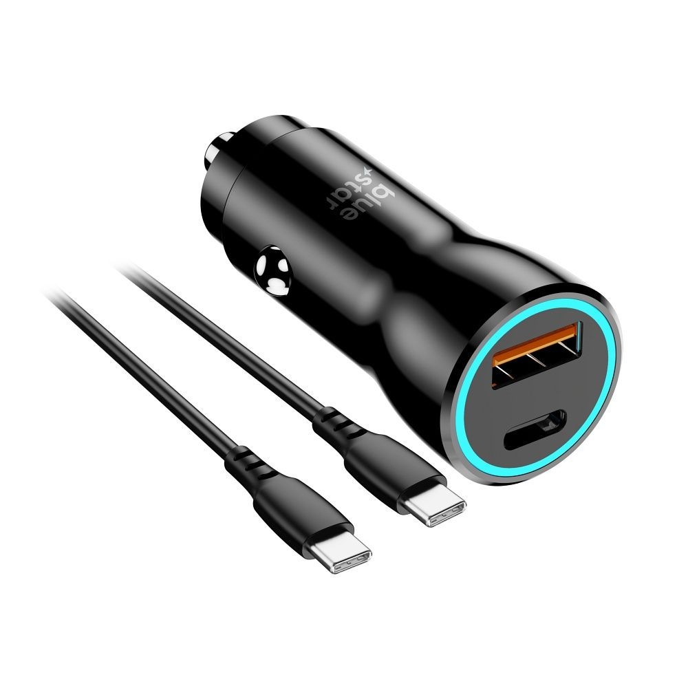 juodas-automobilinis-ikroviklis-blue-star-30w Juodas automobilinis įkroviklis Blue Star 30W USB-C / USB-A + USB-C to USB-C 60W cable 1.0m - Image 1