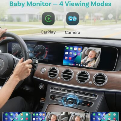 Juodas belaidis CarPlay adapteris su mobilios auklės funkcija Ottocast Cabin Care CA520-T automobilyje prie vairo