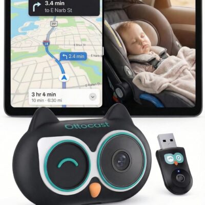 Juodas belaidis CarPlay adapteris Ottocast Cabin Care CA520-T su pelėdos formos dizainu ir USB imtuvu, skirtas automobiliui