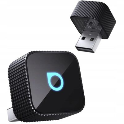 Juodas belaidis CarPlay Android Auto adapteris Ottocast Mini Cube CP88-T2 su USB jungtimi ir apvalkalu