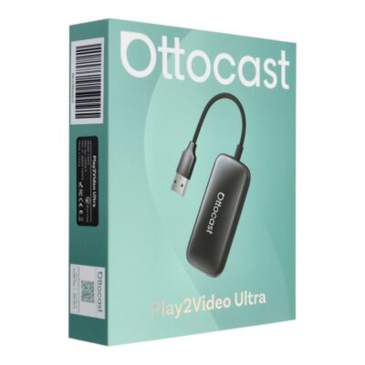 Juodas belaidis CarPlay Android Auto adapteris Ottocast Play2Video Ultra dėžutėje