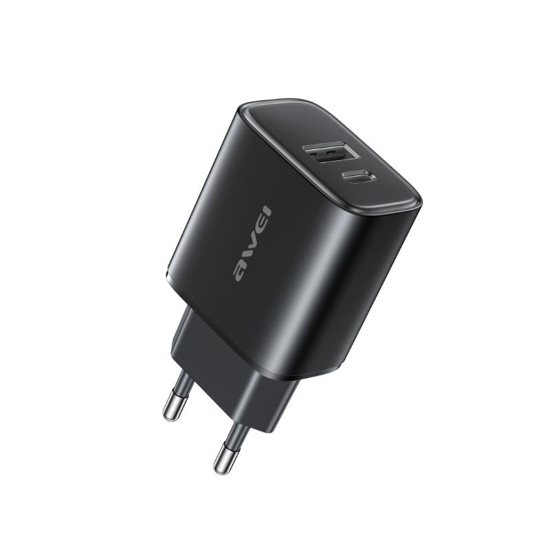 juodas-ikroviklis-awei-pd85-eu-22-5w-usb-a-usb-c Juodas įkroviklis Awei PD85-EU 22.5W USB-A / USB-C - Image 1