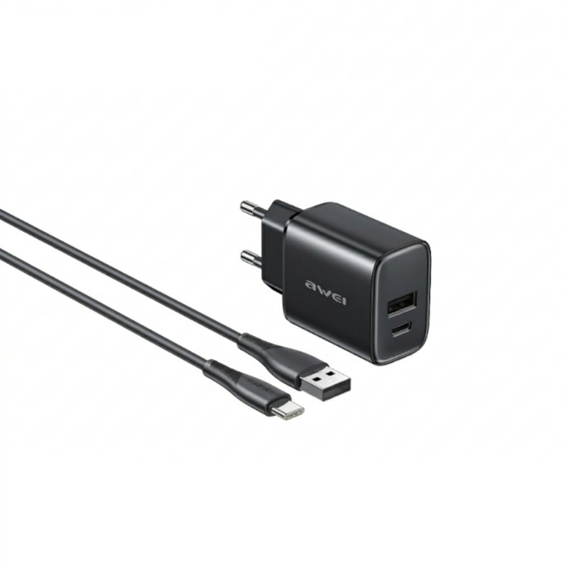 juodas-ikroviklis-awei-pd85t-eu-22-5w-usb-a-usb-c-usb-a-to-usb-c-cable-1-0m Juodas įkroviklis Awei PD85T-EU 22.5W USB-A / USB-C + USB-A to USB-C cable 1.0m - Image 1