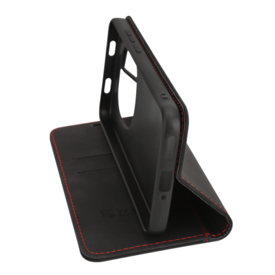 Juodas atverčiamas dėklas Tactical Xproof telefonui Xiaomi Redmi Note 15 Pro 4G su raudonais siūlais