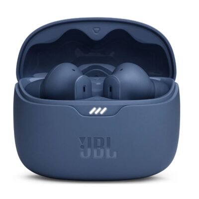 Mėlynos belaidės ausinės JBL Tune Beam TWS ausinės dėkle