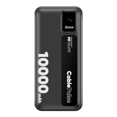 Juoda išorinė baterija OBALME CablePulse Powerbank 10000mAh 22,5W su integruotu skaitmeniniu ekranu baterijos procentams rodyti