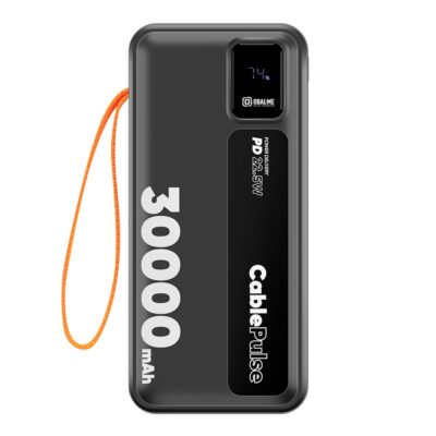 Juoda išorinė baterija OBAL ME CablePulse Powerbank 30000mAh su ekranėliu ir oranžine virvelė