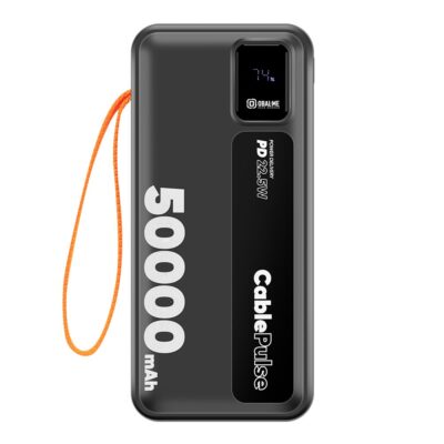 Juoda išorinė baterija OBALME CablePulse Powerbank su 50000 mAh talpa ir 22,5 W galia