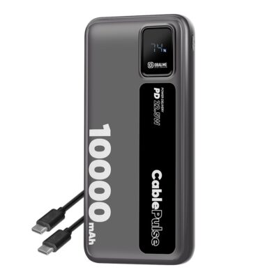 Juoda išorinė baterija OBALME CablePulse Powerbank 10000mAh 22,5W su integruotu laidu ir ekranu