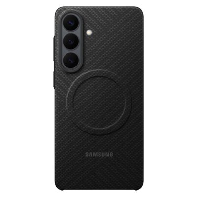 Juodas originalus dėklas Samsung Galaxy S26 Plus EF-KS947SNE Carbon Magnet su anglies pluošto rašto tekstūra ir magnetu