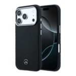 Juodas dėklas Mercedes PU Leather Semi Wrap MagSafe telefonui Apple iPhone 17 Pro