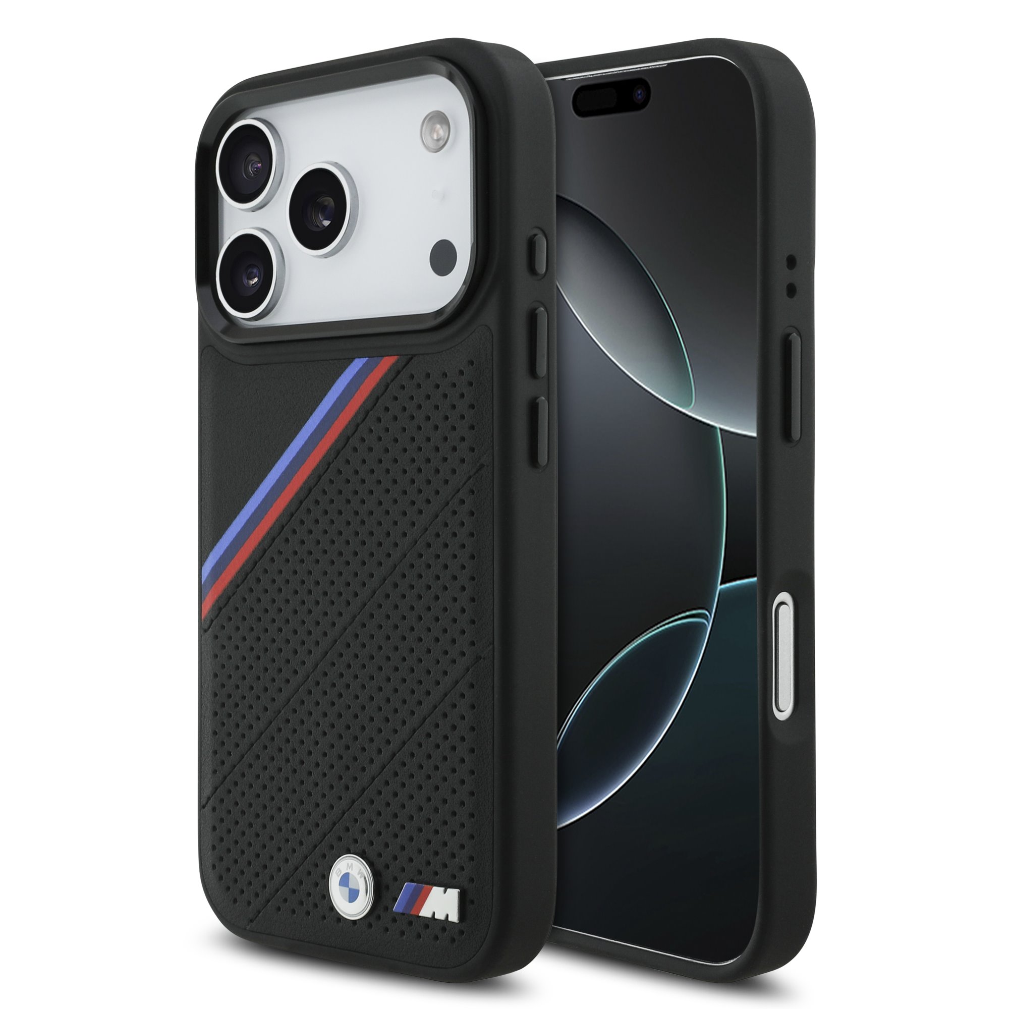 Juodas dėklas BMW M Tricolor Perforated Pattern MagSafe telefonui Apple iPhone 17 Pro Juodas dėklas BMW M Tricolor Perforated Pattern MagSafe telefonui Apple iPhone 17 Pro - Image 1