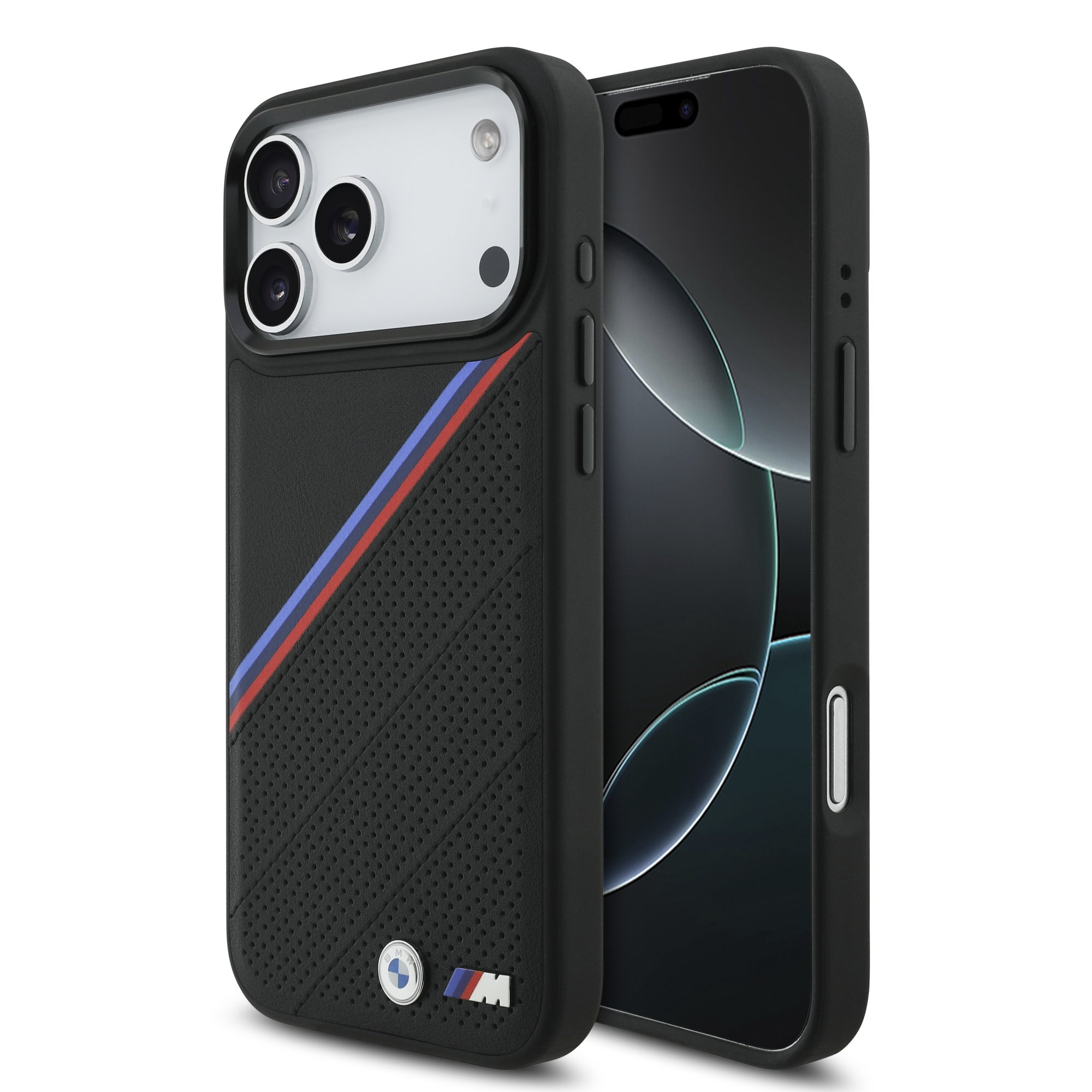 Juodas dėklas BMW M Tricolor Perforated Pattern MagSafe telefonui Apple iPhone 17 Pro Max Juodas dėklas BMW M Tricolor Perforated Pattern MagSafe telefonui Apple iPhone 17 Pro Max - Image 1