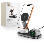 Juodas belaidis pakrovėjas TECH-PROTECT A52 3IN1 MAGNETIC MAGSAFE WIRELESS CHARGER 25W QI2.2 su laikikliu ir įkrovimo vietomis telefonui, ausinėms ir laikrodžiui