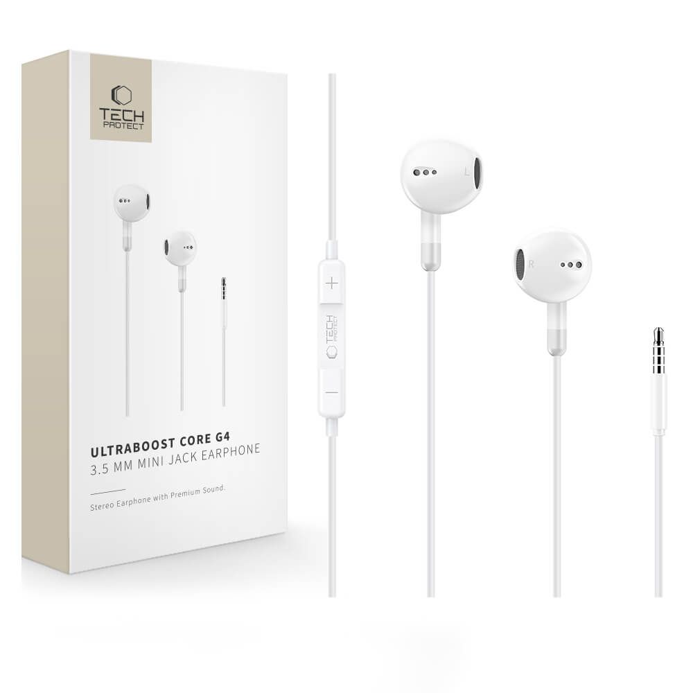 Baltos laidinės ausinės "TECH-PROTECT ULTRABOOST MINI JACK EARPHONE CORE G4" Baltos laidinės ausinės