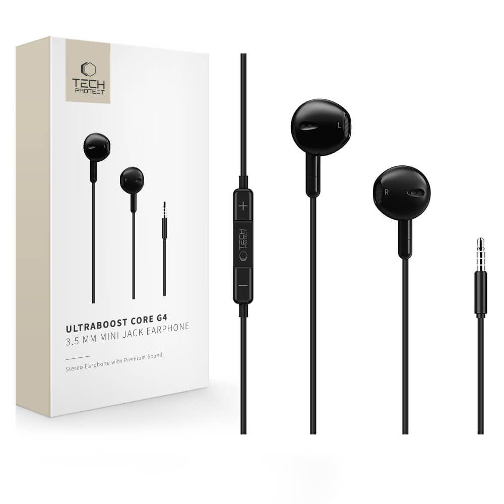 Juodos laidinės ausinės "TECH-PROTECT ULTRABOOST MINI JACK EARPHONE CORE G4" Juodos laidinės ausinės