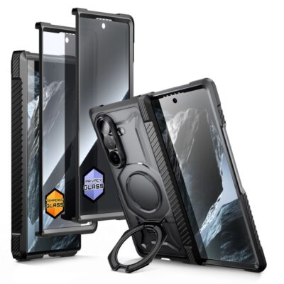 Juodas dėklas Samsung Galaxy Z Fold 8 su metaliniu žiedu ir ekrano apsauga