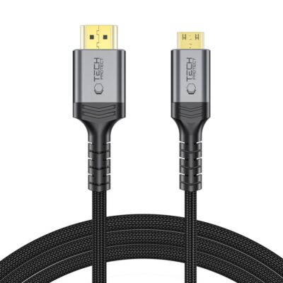 Juodas kabelis TECH-PROTECT ULTRABOOST CABLE MINI HDMI TO HDMI 2.1 8K 60HZ 200CM su juodo nailono apvalkalo jungtimis