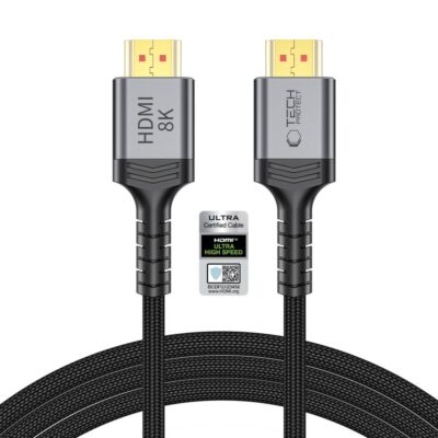 Juodas kabelis TECH-PROTECT ULTRABOOST CABLE HDMI 2.1 4K 120HZ 8K 60HZ 200cm su aukso spalvos HDMI jungtimis.