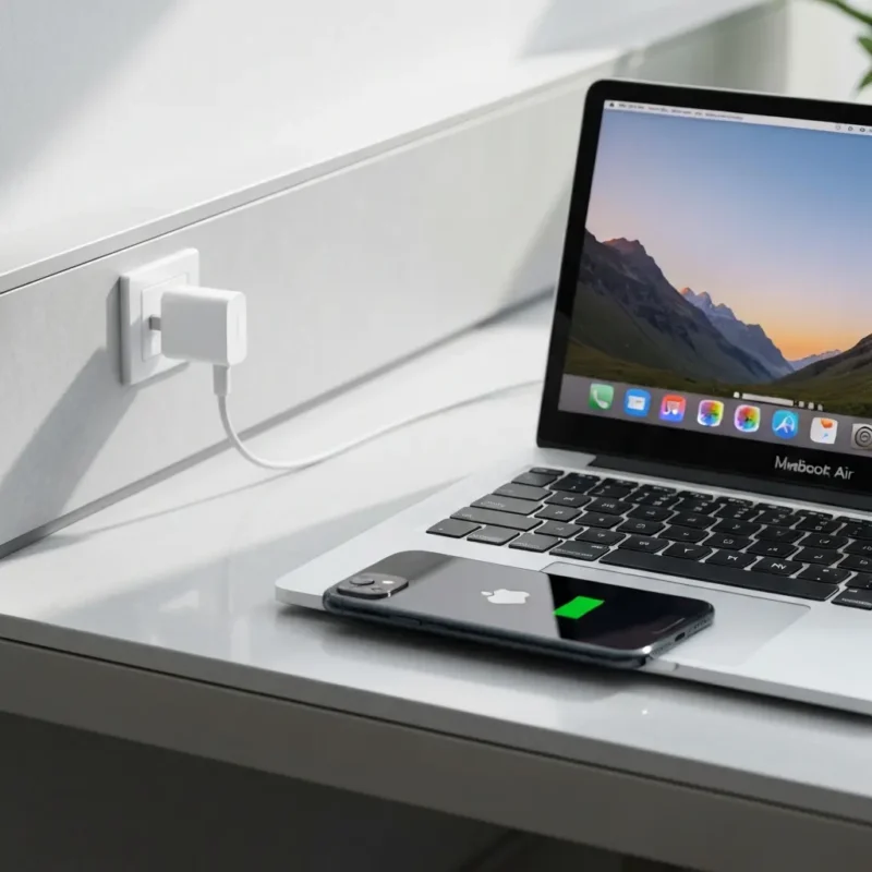 USB C įkroviklis ant stalo prie modernios darbo vietos