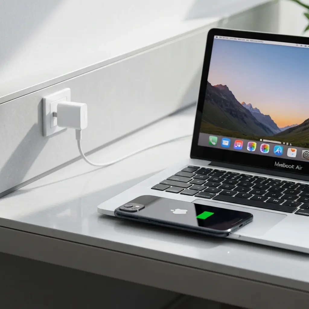 USB C įkroviklis ant stalo prie modernios darbo vietos