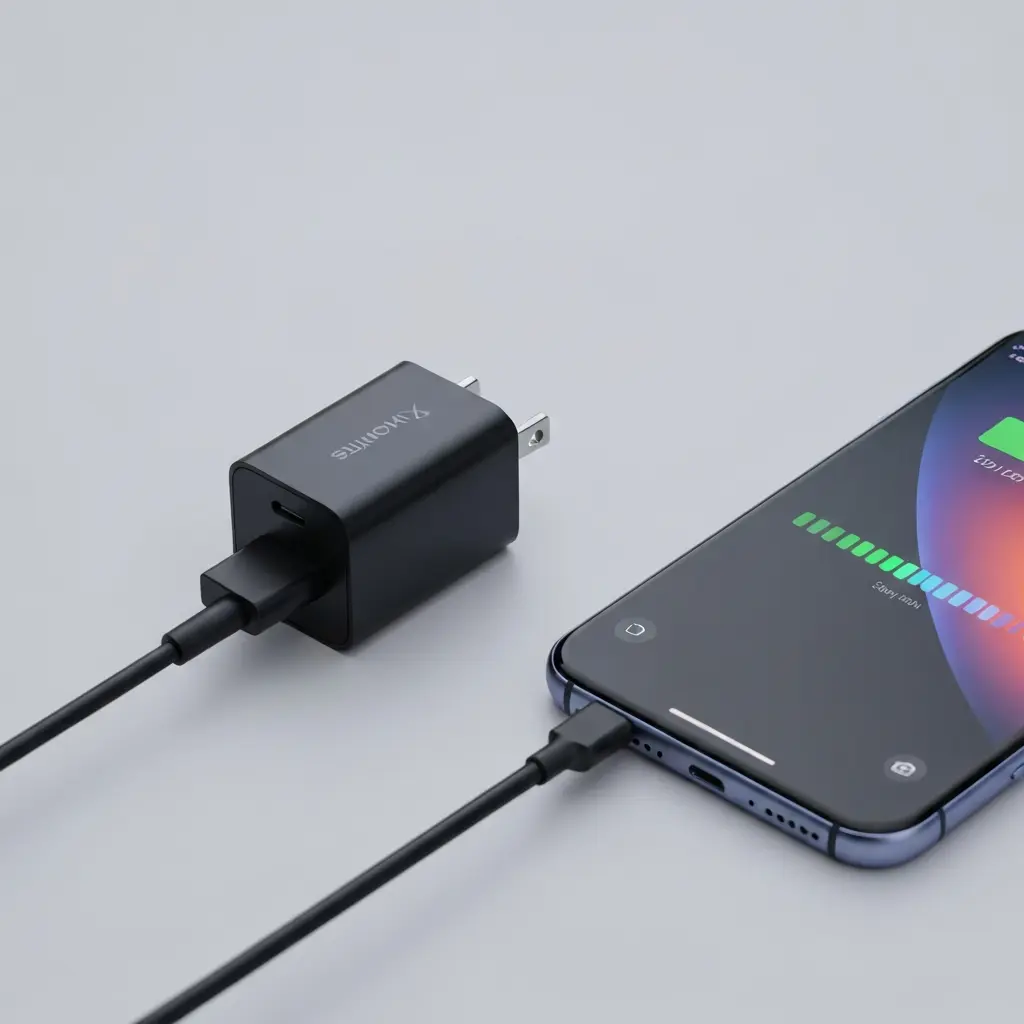 USB C įkroviklis įkrauna modernų išmanųjį telefoną