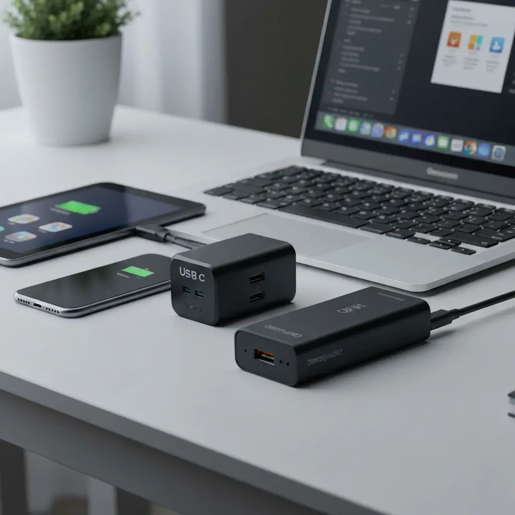 USB C įkroviklis su keliais prievadais ir įvairiais įrenginiais