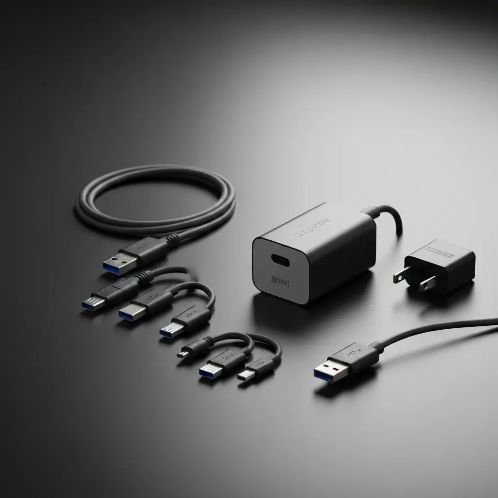 USB C įkroviklis su papildomais aksesuarais ir laidais