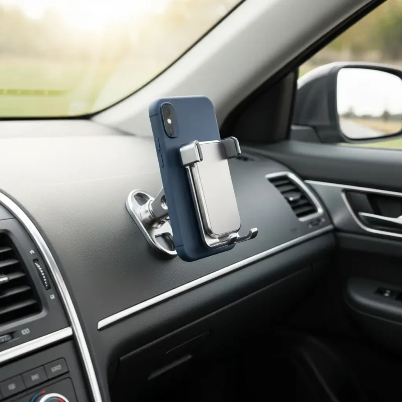 Automobilinis telefono laikiklis pritvirtintas prie automobilio prietaisų skydelio
