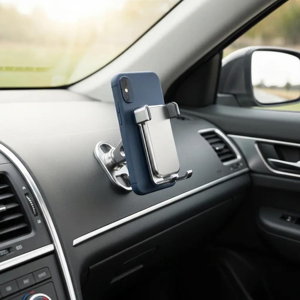 Automobilinis telefono laikiklis pritvirtintas prie automobilio prietaisų skydelio
