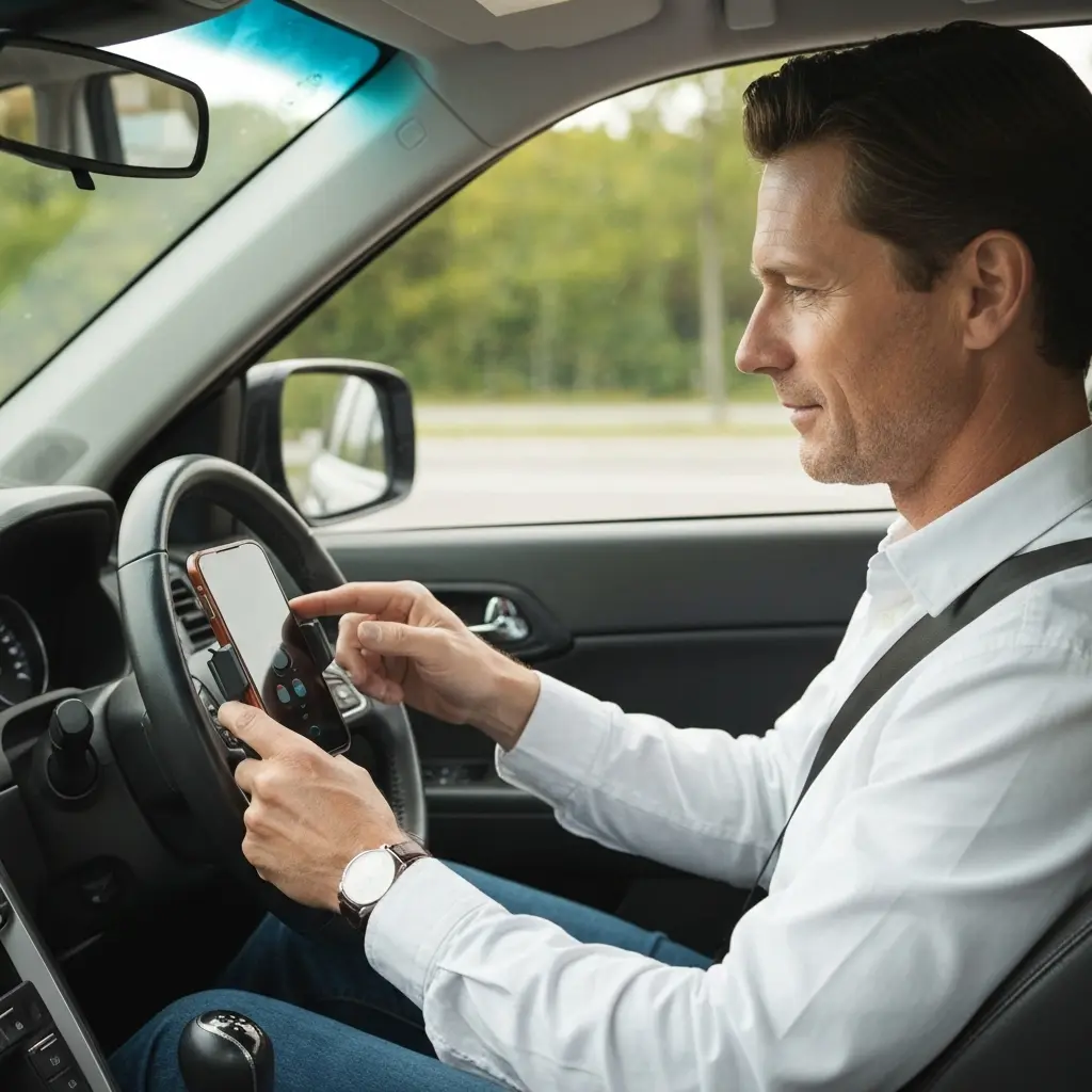 Vairuotojas naudoja telefoną automobilyje su laikikliu