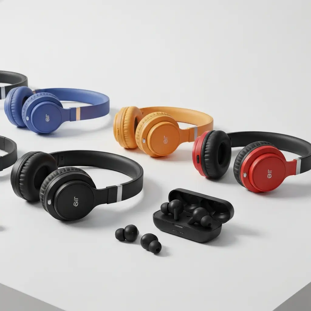 Įvairių stilių Bluetooth ausinės ant baltos fonas