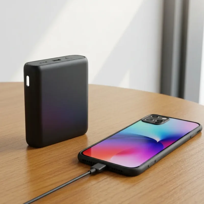 Power bank prijungtas prie telefono ant medinio stalo