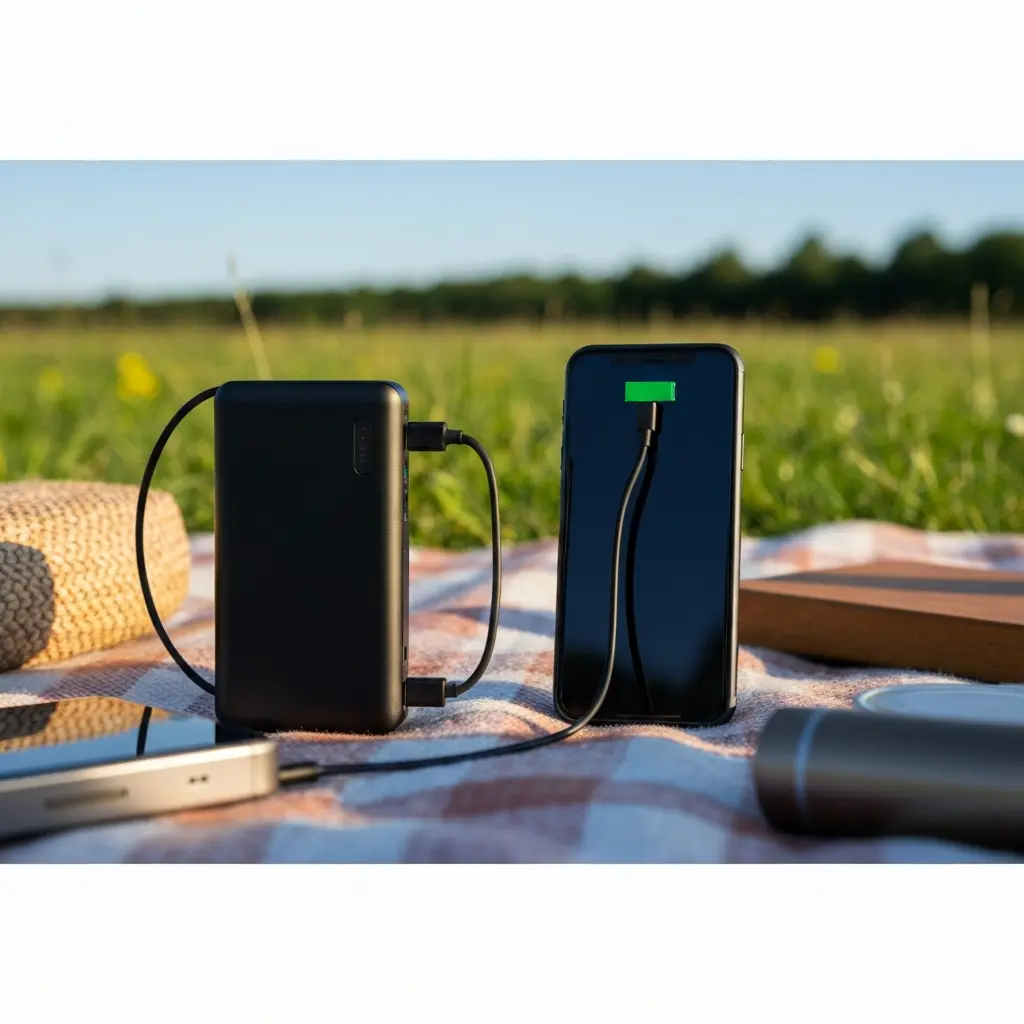 Power bank įkrovimas lauke su telefonu