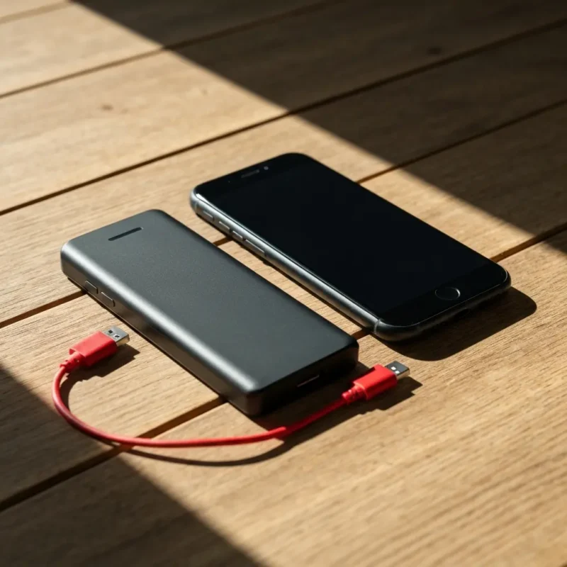Nešiojama baterija telefonui ant medinio stalo su telefonu ir laidu