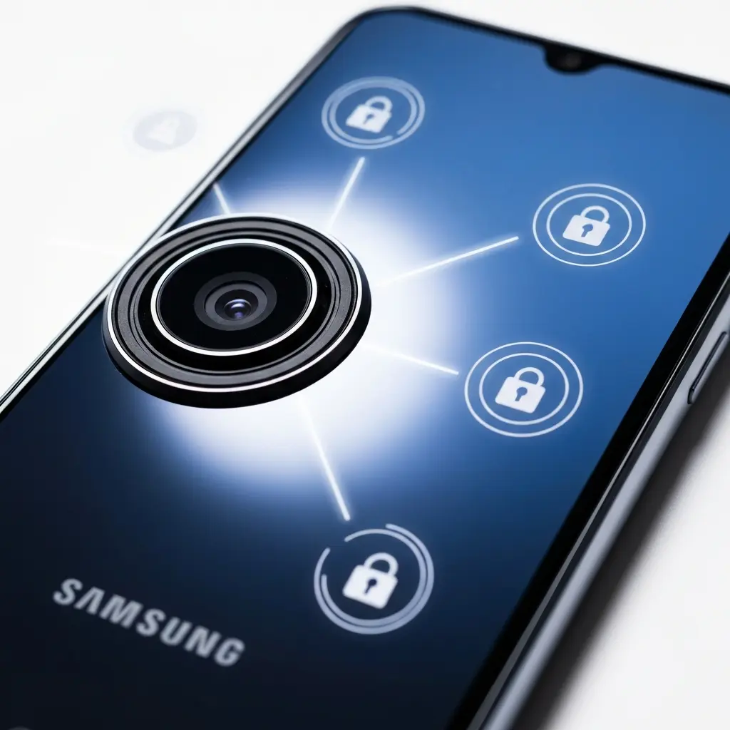 Telefono kameros apsauga pagrindinis vaizdas rodo modernų telefoną su kameros apsaugos simboliais