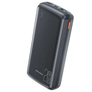 Juoda išorinė baterija Power Bank Awei P19K 5V 2.4A su anglies pluošto raštu ir LED indikatoriumi