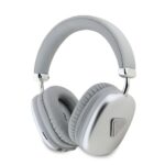 Sidabrinės belaidės ausinės "Guess Saffiano PU Leather Triangle Logo Wireless Headphone"