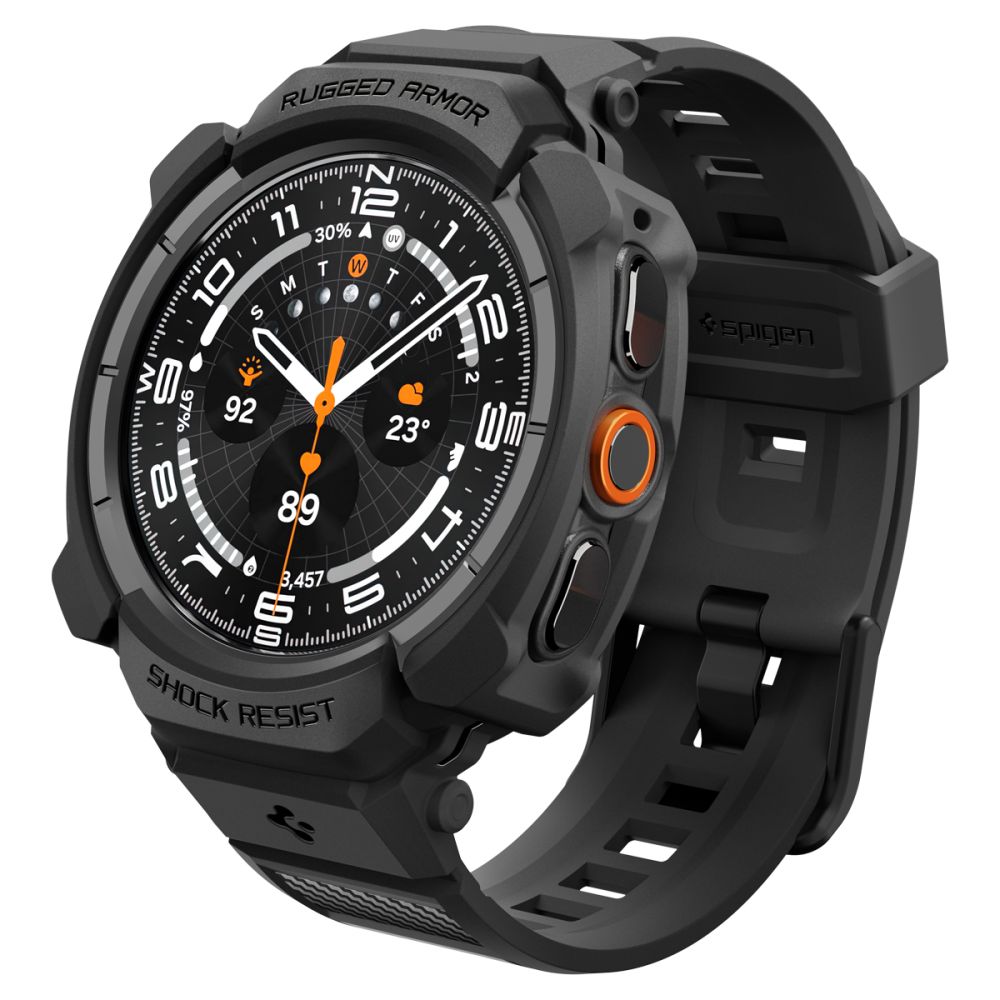 Juodas matinis dėklas ir apyrankė SAMSUNG GALAXY WATCH ULTRA 2 2026 (47 MM) "Spigen Rugged Armor Pro" Juodas matinis dėklas SAMSUNG GALAXY WATCH ULTRA 2 2026 (47 MM)