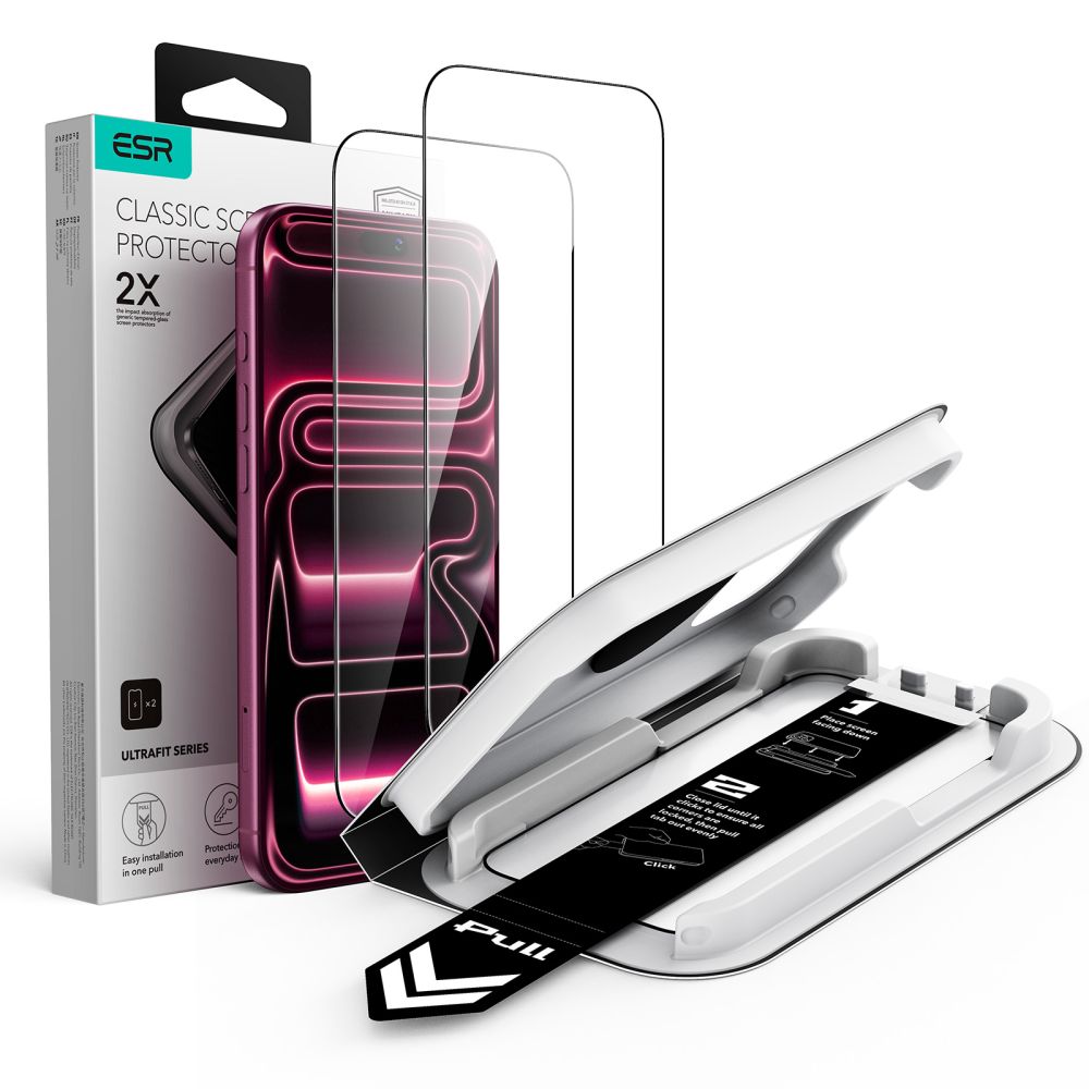 Juodas apsauginis ekrano stikliukas Apple Iphone 17 Pro / 18 Pro "ESR ULTRAFIT CLASSIC TEMPERED GLASS 2-PACK" Juodas apsauginis ekrano stikliukas Iphone 17 Pro / 18 Pro