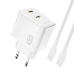 Baltas įkroviklis Dudao A28PC GaN 45W 2xUSB-C + USB-C to USB-C cable 1.0m