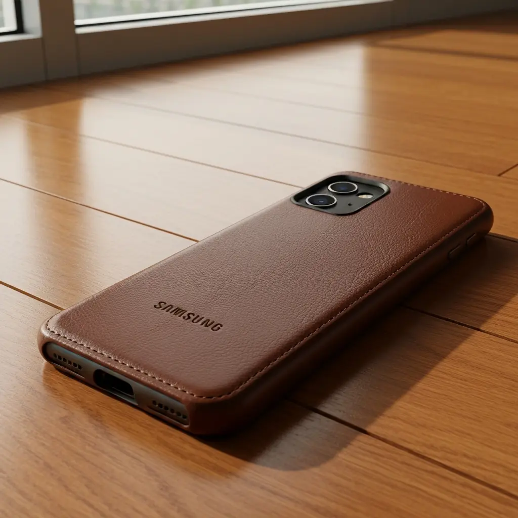 Prabangus Samsung dėklas iš odos ant medinių grindų