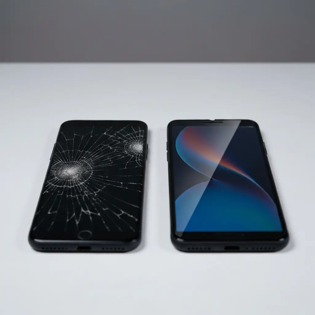Įtrūkusi telefono ekrano dalis su ir be apsauginio stiklo