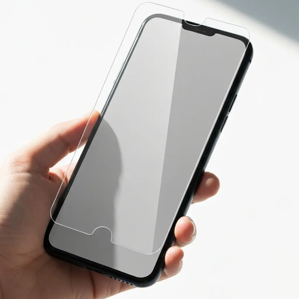 Telefono ekranas su apsaugine plėvele rankoje