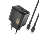 Juodas įkroviklis Dudao A28PC GaN 45W 2xUSB-C + USB-C to USB-C cable 1.0m