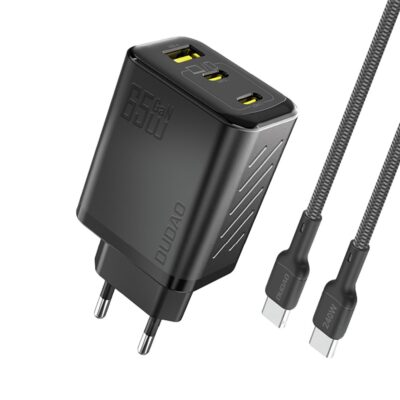 Juodas įkroviklis Dudao A29C GaN 65W 2xUSB-C / USB-A + USB-C to USB-C cable 1.0m
