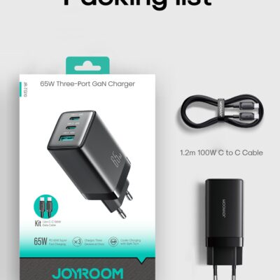 Juodas įkroviklis Joyroom JR-TG10 GaN 65W 2xUSB-C / USB-A + USB-C to USB-C 100W 1.2m cable – nuotrauka 2